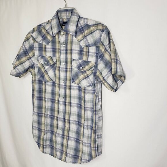 RK Brand Mens Shirt Size Small Western Pearl Snap 2 Pocket Blue Plaid Short Slv - Picture 5 of 9
